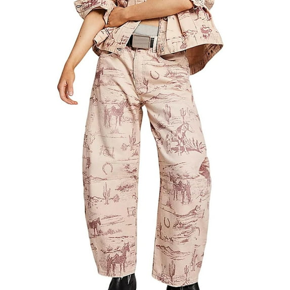 Soyumi Boyfriend Jeans, Womens Loose Fit Barrel Jeans Y9K Vintage Denim Wide Leg Pants Baggy Ankle Crop with Floral Print and Patchwork Design Stretch Comfort For Everyday Style Pink
