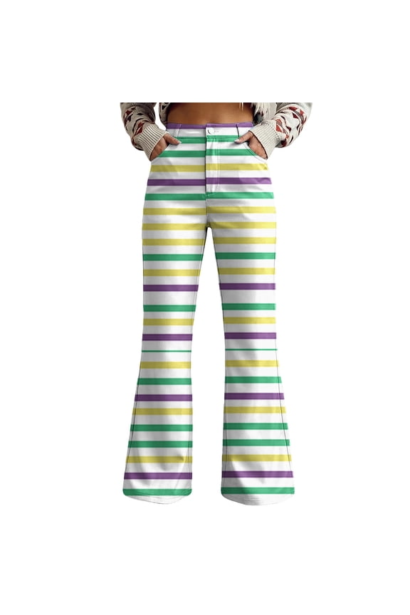 Carnival Denim Pants, Plus Size High Waisted Wide Leg Jeans Women's Blue Yellow Plaid Stripe Pattern Y10K Baggy Vintage Wash Rhinestone Decorated Casual Streetwear Trousers, Black