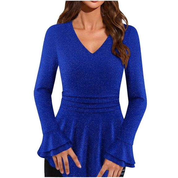Soyumi Club Tops for Women Sparkly Sequin Long Sleeve, Glitter V-Neck Party Top Loose Fit, Going Out Concert Dressy Evening Shirt Shimmer Blouse, Blue