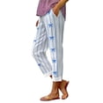 thumbnail image 1 of Soyumi Cotton Linen Pants, High Waisted Wide Leg Palazzo Pants for Women Summer Elastic Waist Flowy Beach Vacation Boho Trousers Casual Lounge Pull On Pants Lightweight Travel Outfit, Blue, 1 of 7