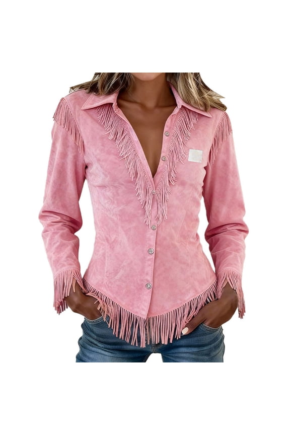 Country Western Shirt for Women, Vintage Cowgirl Fringe Top Long Sleeve Button Down Embroidered Blouse Slim Fit Shacket Nashville Rodeo Concert Outfit Fall Attire, Pink