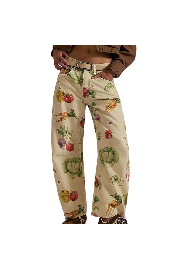 Denim Pants, Women’S Baggy Barrel Jeans Vintage Y5K Wide Leg Boyfriend Fit Stretchy Comfort Ankle Pants Featuring Distressed Details and Floral Patchwork For Casual Fashion Khaki