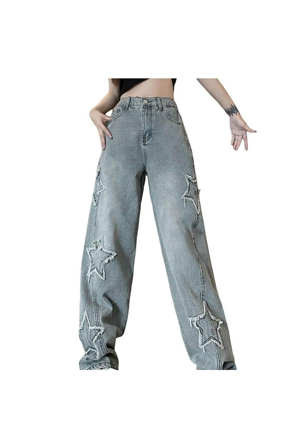 Elastic Waist Boyfriend Jeans Straight Leg High Waisted Baggy Baggy Jeans Sweatpants Women Printed Cargo Pants Women Hiking Outdoor Casual Jeans for Women Trendy Workout Ski Lounge, Blue