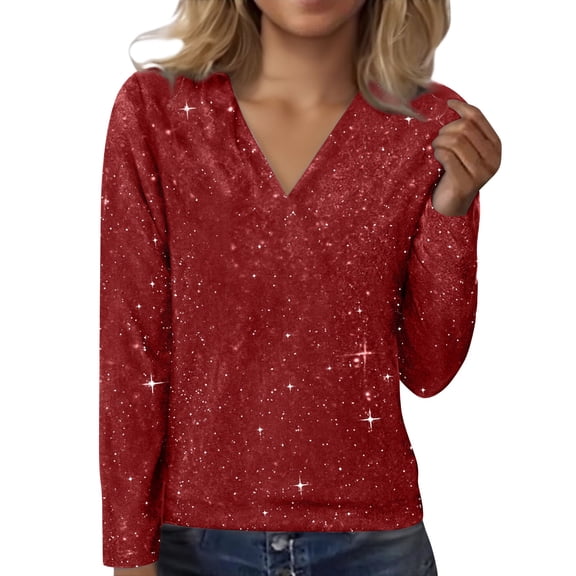 Soyumi Evening Glam Tops Long Sleeve Sparkly Sequin for Women, Glitter V-Neck Party Blouse Winter Clothing, Fall Fashion Club Concert Going Out Holiday Season Shirt, Red