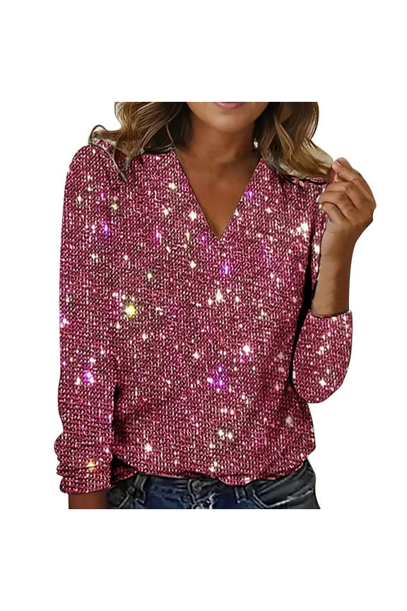 Fall Long Sleeve tops Casual Shiny Evening Cocktail Party Hoodies Sequin Skirt Sweatshirt for Women Party Shirt Basic Sequin tops Girls Long Sleeve Shirts Tunic tops Cozy Crewneck, Hot Pink