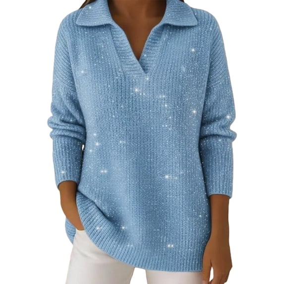 Soyumi Fall Winter Women's Sweater Sequin Sparkle Glitter Long Sleeve Knitted Pullover, V-Neck Loose Fit Casual top Basic Everyday Stylish Comfy Soft Warm Fashion Outfits, Z Blue