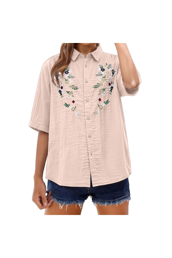 Floral Embroidered Tops, Cotton Linen Shirts Boho Ethnic Style Peasant Tee Women 3/4 Sleeve V Neck Button Tunic T Shirt Lightweight Ethnic Style Embroidery Blouses Tees, Pink