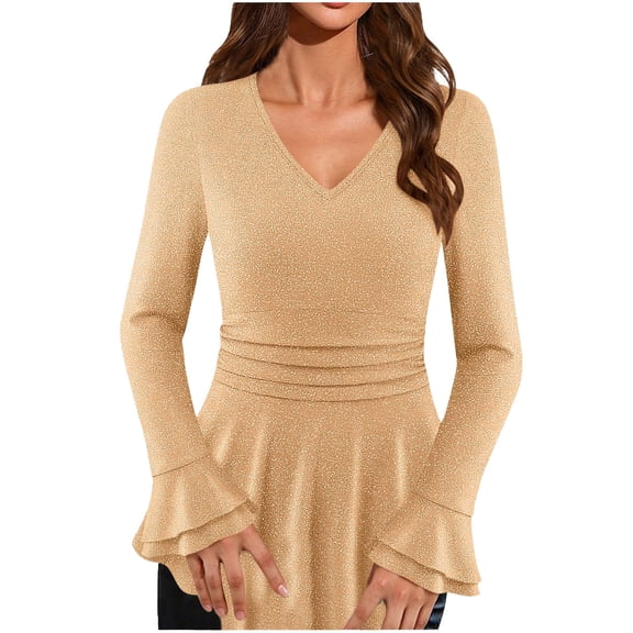 Soyumi Going Out Tops Women's Long Sleeve, Sparkly Sequin Glitter Party Top, V-Neck Loose Fit Blouse Club Concert Shirt Dressy Evening Shimmer T-Shirt, Beige