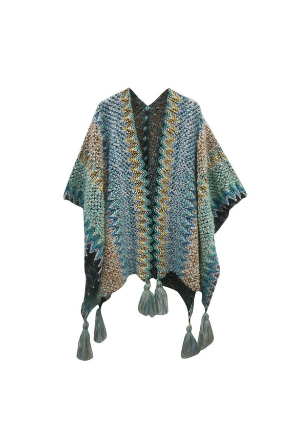 Heated Oversized Cardigan Sweater for Women, Long Sleeve Poncho Fringed Tassel Shawl Wrap Cape National Print, Warm Knitted Pullover Winter Holiday Casual Wear, Blue2