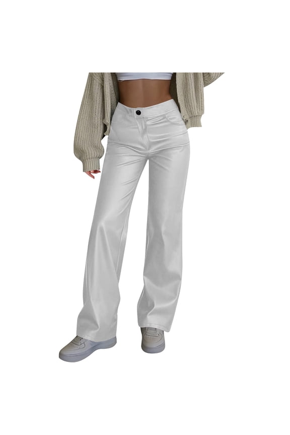 High Waisted Pants, Trendy Faux Leather Pants for Women Straight Leg Trousers with Pockets 2030 New Fashion Flare Leggings Vegan Leather Work Office Pants, White