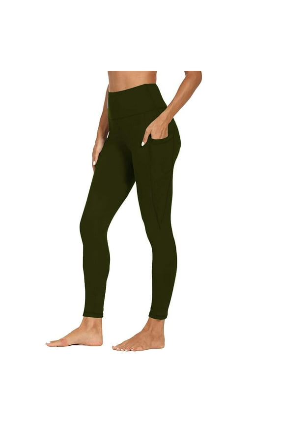 Leggings for Women, High Waisted Tummy Control Yoga Pants Butt Lifting Scrunch Booty Textured Tights with Pockets Workout Running Gym Compression Tight Fit, Army Green