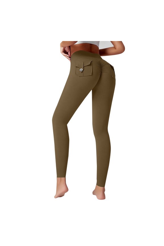 Leggings for Women Tummy Control, High Waisted Casual Jeggings Stretch Skinny Workout Butt Lifting Yoga Pants Cargo Trousers Slimming Running Sports Tights Coffee