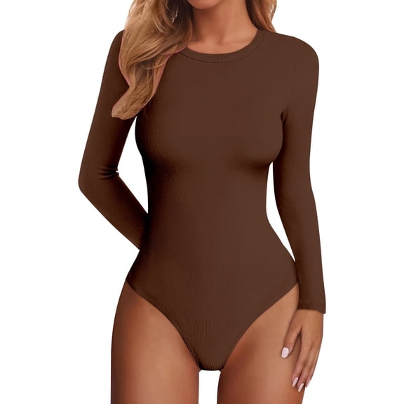 Soyumi Long Sleeve Bodysuit for Women, Crew Neck Slim Fit Stretchy Soft Knit Basic Top, Ribbed Bodysuit T-Shirt, Comfy Lightweight Layering Piece for Fall, Winter, Coffee