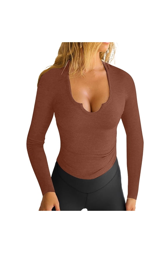 Long Sleeve Shirts for Women, V Neck Slim Fit Stretch Thermal Tops Lightweight Warm Layering Base Layer for Fall Winter Casual Outfits Or Underwear Essentials Brown