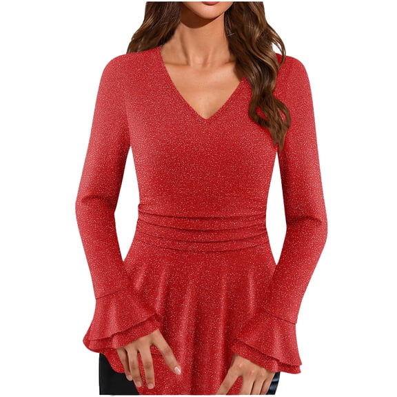 Soyumi Long Sleeve Sparkle Top for Women Sequin Glitter Party Blouse, V-Neck Loose Fit Going Out Club Shirt, Concert Evening Dressy Tops Cute Trendy Shimmer Blouse, Red