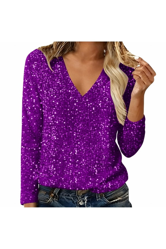Long Sleeve Tops for Women, Sequin Sparkle Sweater Glitter Shimmer Knitted Blouse Loose Fit Soft V Neck Chic Pullover Shirt Trendy Casual Party Fall Winter Outfits, Purple