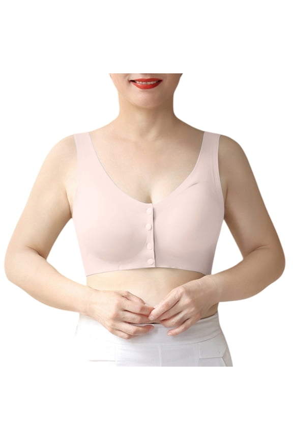 Middle-Aged Elder Woman Floral Wirefree Bra Front Button Closeure Soft Cotton Bra Snap Comfort Sleep Bra Easy Close T-Shirt Bras for Mom Grandma Gift, Beige