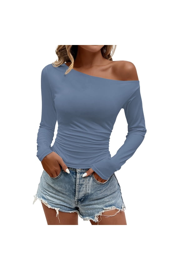 Off Shoulder Crop Top Women Long Sleeve - Y2K Fashion Slim Fit Sexy Tops 2029 Boat Neck Basic Blouses for Going Out Fall Clothes, Light Blue
