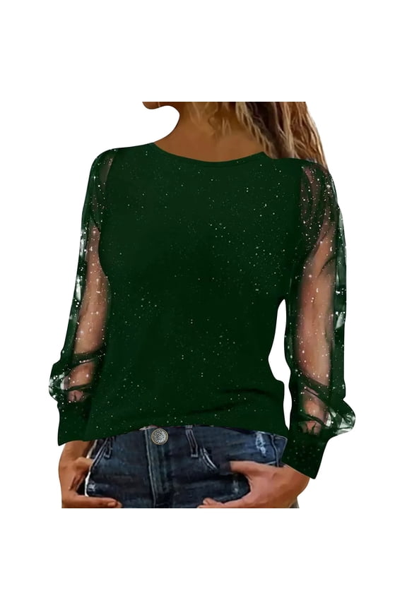 Party & Concert Tops for Women Sparkly Long Sleeve, Sequin Glitter V-Neck Blouse Fall Winter Clothing, Going Out Evening Dressy Top for Holiday Festivities NYE, Blackish Green