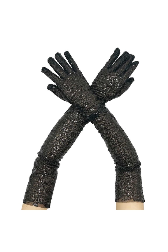 Sequin Gloves for Women and Girls, Sparkly Opera Length Glitter Gloves Costume Accessories Elastic Long Sleeve Party Dance Prom Clubwear Shimmering Fall Fashion Holiday Outfits, Black