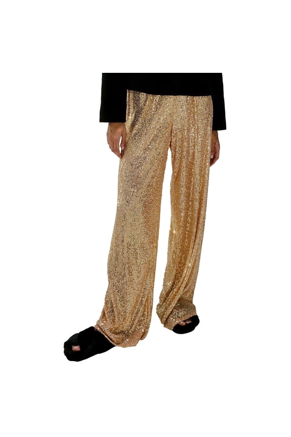 Sequin Lounge Pants for Women, Sparkly Wide Leg High Waisted Party Pants Glitter Bling Trousers Clubwear Holiday Celebration Palazzo Bottoms Fall Fashion Casual Comfort Fit, Gold
