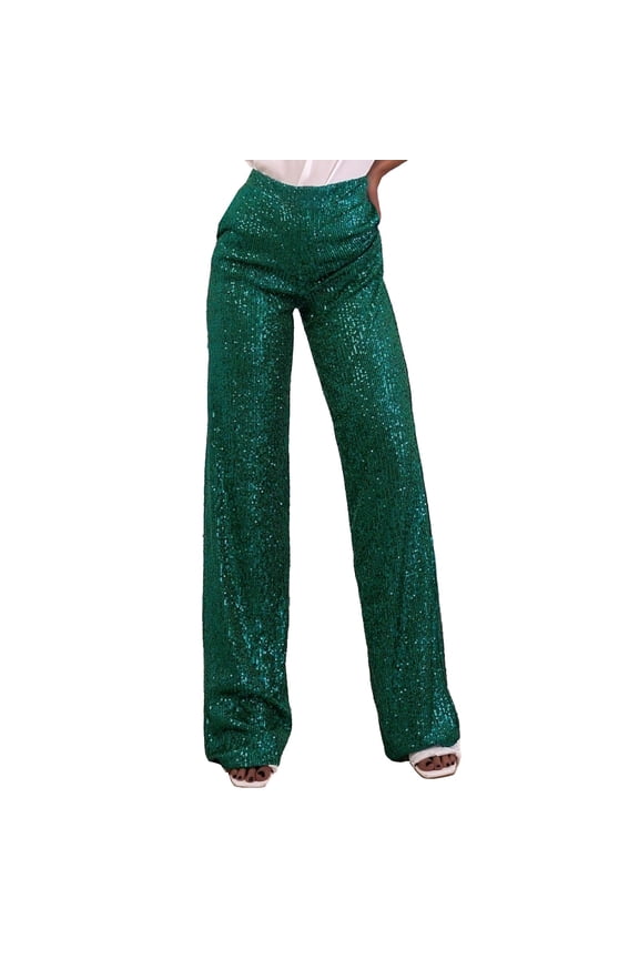 Sequin Lounge Pants for Women, Sparkly Wide Leg High Waisted Party Pants Glitter Bling Trousers Clubwear Holiday Celebration Palazzo Bottoms Fall Fashion Casual Comfort Fit, Green
