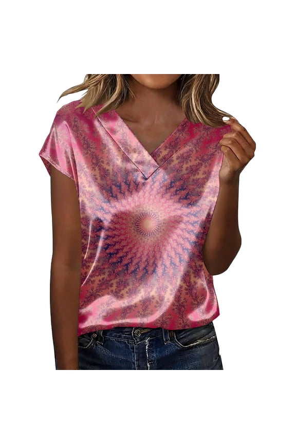 Silk Blouse for Women, Satin Short Sleeve Button Down Shirt V Neck Business Casual Office Work Tops Summer Dressy Elegant Tunic 2026 Chic Outfits, Pink