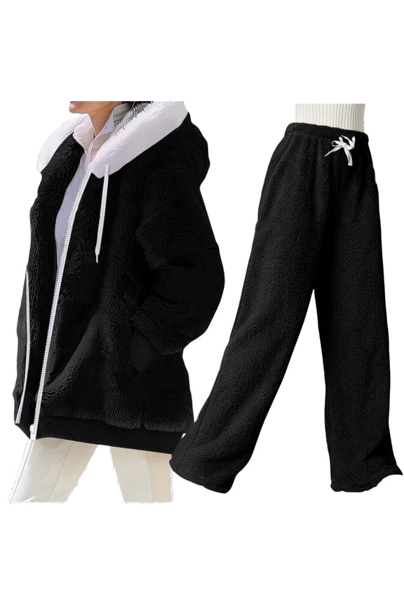 Silk Sleepwear Workout Matching Sets Women Clothing Cozy Fleece Wide Leg Pants Streetwear Graphic Pajamas Matching Sets Lightweight Sweatsuits French Knit Lapel Pajama Petite Terry, Black