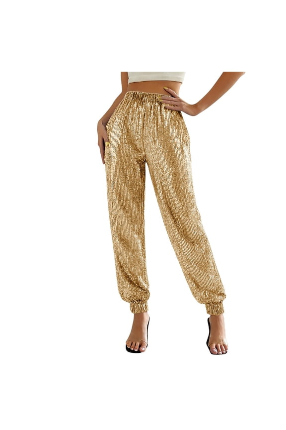 Sparkly Casual Pants, High Waisted Sequin Baggy Party Trousers Glitter Bling Lounge Wear for Women Palazzo Bottoms Clubwear Party Holiday Celebration Fall Fashion Comfort Fit, Gold