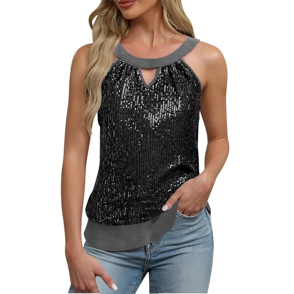 Soyumi Sparkly tops for Women - Sequin Metallic Halter Neck Crop Tank top Sleeveless， Deep V Backless Rhinestone Shirt， Trendy Lightweight Party top for Clubwear and Festival, Black