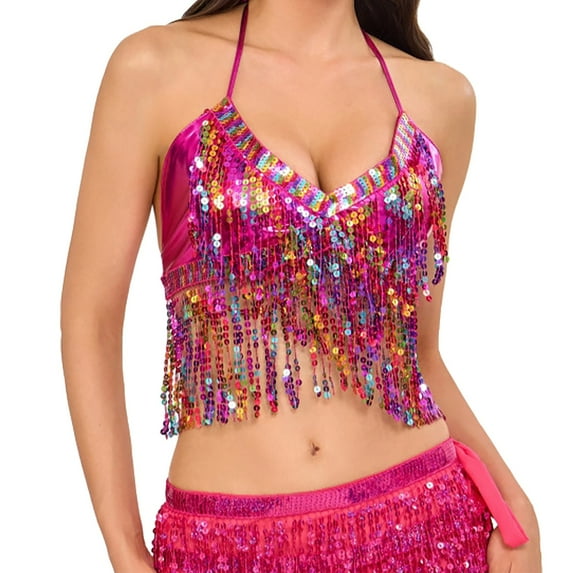 Soyumi Sparkly tops for Women - Sequin Metallic Halter Neck Crop Tank top Sleeveless, Deep V Backless Rhinestone Shirt, Trendy Lightweight Party top for Clubwear and Festival, Watermelon Red