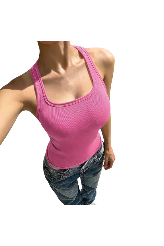 Tank Tops for Women Summer Sleeveless Racerback Square Neck Casual Basic Ribbed Tops 2026 Summer Beach Vest Cotton Cami Shirts Workout Shirts, Hot Pink