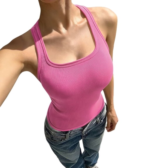 Soyumi Tank Tops for Women Summer Sleeveless Racerback Square Neck Casual Basic Ribbed Tops 2026 Summer Beach Vest Cotton Cami Shirts Workout Shirts, Hot Pink