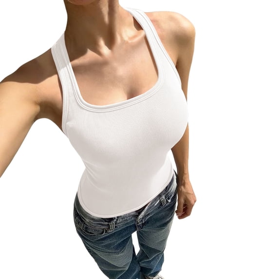 Soyumi Tank Tops for Women Summer Sleeveless Racerback Square Neck Casual Basic Ribbed Tops 2026 Summer Beach Vest Cotton Cami Shirts Workout Shirts, White