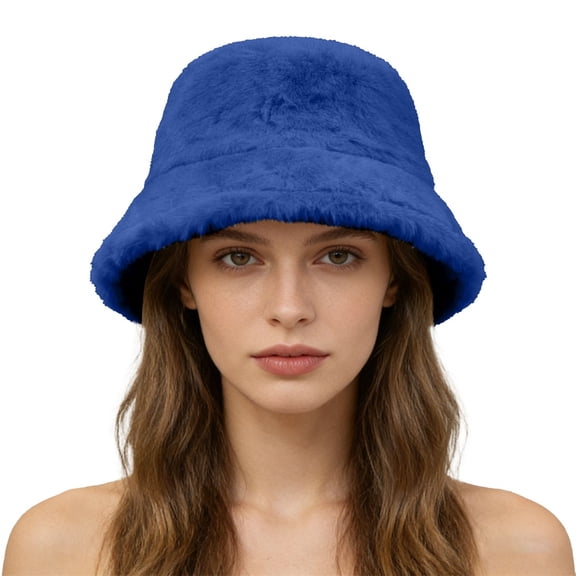 Soyumi Warm Bucket Hat for Women Winter - Fuzzy Faux Fur Plush Fisherman Cap, Winter Fashion Trendy & Comfortable Breathable Design, Cute Hat for Snowboarding, Outing, Gift, Blue
