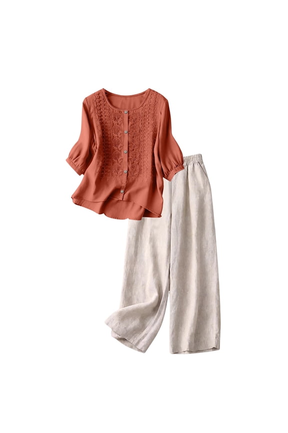 Weekend Getaway Linen 2 Piece Set Women,&nbsp;Embroidered Matching Outfit Button Down Top Wide Leg Pants Soft Natural Fabric Travel Essentials, Orange