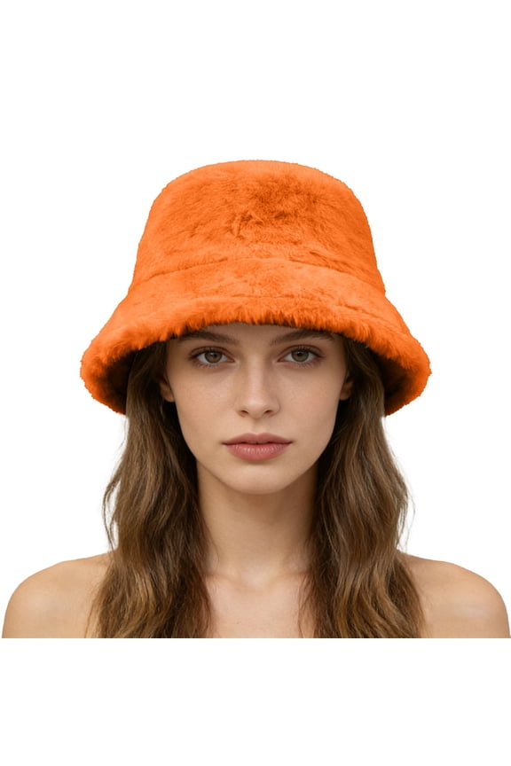Winter Fashion Bucket Hat - Warm Fuzzy Faux Fur Hat for Women & Men, Unisex Versatile Plush Fisherman Cap, Comfortable Soft Ear Flaps for Skiing, Travel, Daily Casual, Orange