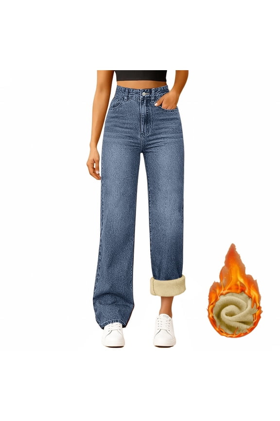 Winter Jeans For Women, Fleece Lined High Waisted Baggy Loose Straight Leg Warm Jeans Plus Size Tall Soft Stretch Denim Pants Casual Fall Winter Holiday Season Blue