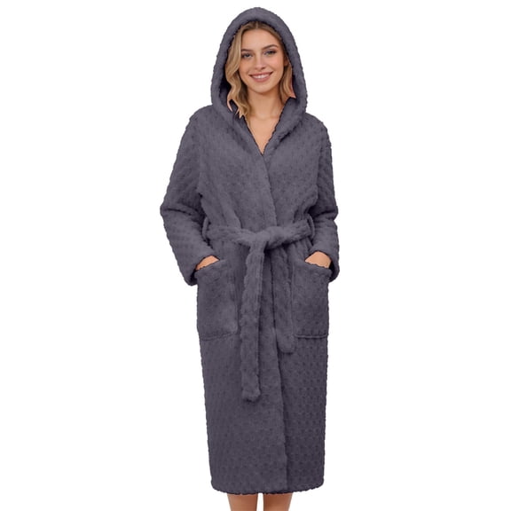 Soyumi Winter Thermal Fleece Robe - Women's Fluffy Plush Bathrobe Long Sleeve, Cozy Home Wear, Hooded House Coat, Soft Sleepwear and Lounge Robe for Women, Dark Gray
