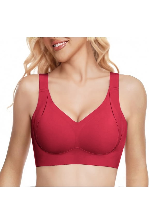 Women Bras No Underwire Scalloped Push Up Buttery Soft Tshirt Bra Seamless Full Coverage Convertible Everyday Bra V Neck Soft Support Comfortable Bra, Red