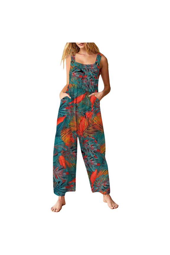 Women Romper, Floral Printed Jumpsuit Boho Overall Linen Wide Leg Casual Summer Loose One Piece with Pockets Sleeveless Beach Palazzo Pants, Red
