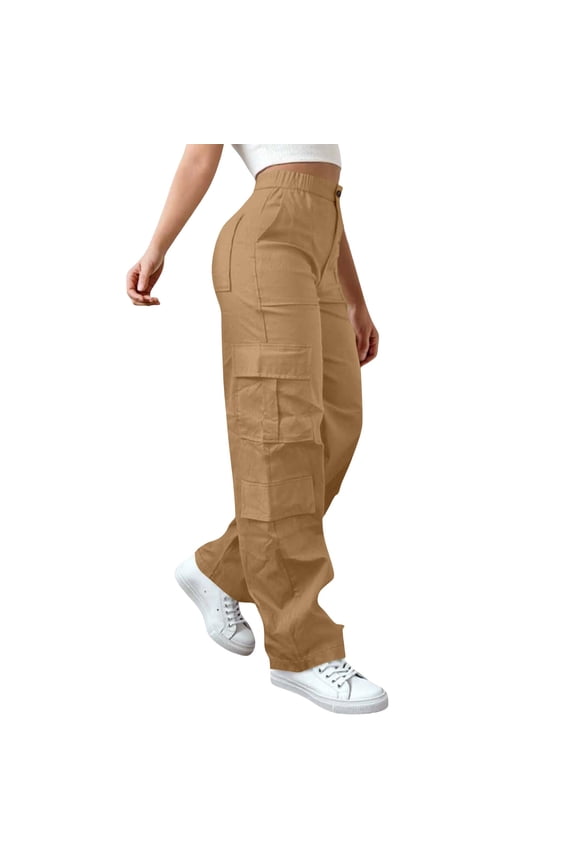 Women'S Cargo Pants, Stretchy High Waisted Trousers Baggy Wide Leg Casual Y6K Jeans Streetwear with Cargo Pockets Lightweight Travel Hiking Petite Plus Size Pants Khaki