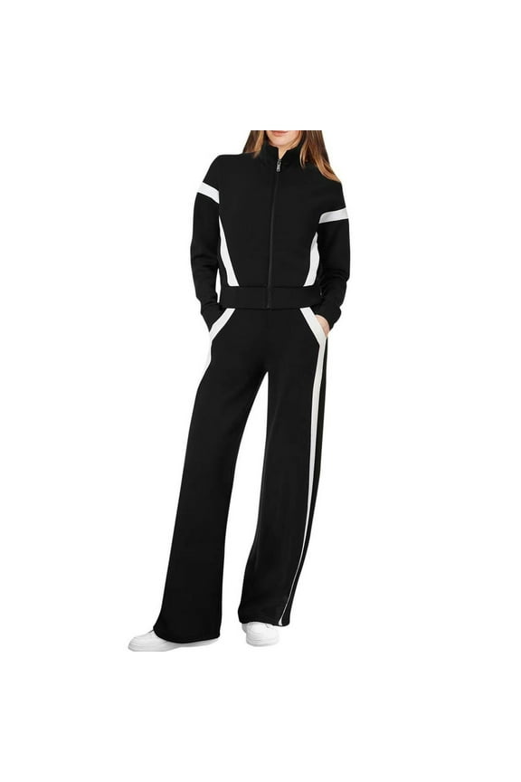 Women'S Fleece Tracksuit | 2 Piece Oversized Matching Set | Contrast Striped Zip Up Sweatshirt with Wide Leg Sweatpants, Fall Winter Lounge Outfits & Athletic Wear, Black