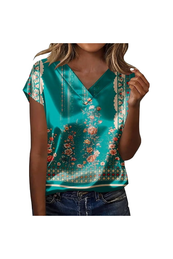 Women 's Business Casual Blouse, Satin Silk Short Sleeve Top V Neck Office Work Shirt Summer Dressy Chic Button Down Tunic 2026 Elegant Fashion Outfits, Green