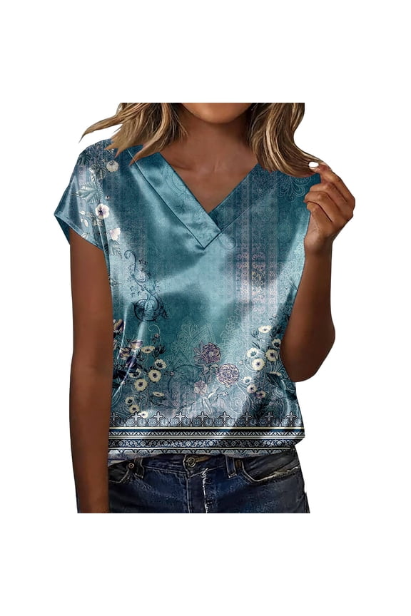 Women 's Business Casual Blouse, Satin Silk Short Sleeve Top V Neck Office Work Shirt Summer Dressy Chic Button Down Tunic 2026 Elegant Fashion Outfits, Light Blue