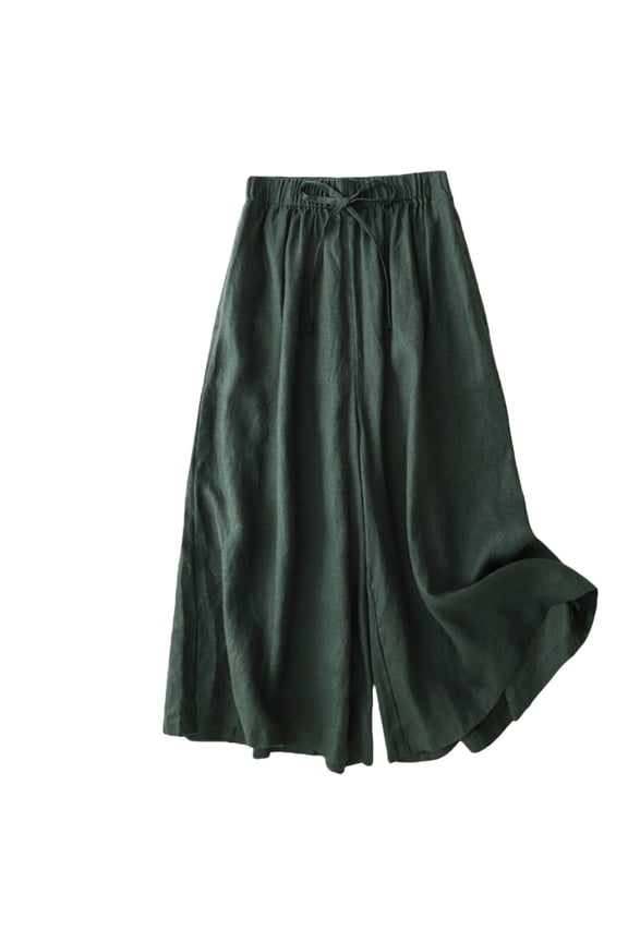 Women's Cotton Linen Culottes Pants Elastic Waist Wide Leg Palazzo Trousers Capri Pant Boho Casual Summer Harem Lounge Trouser Outfit, Blackish Green