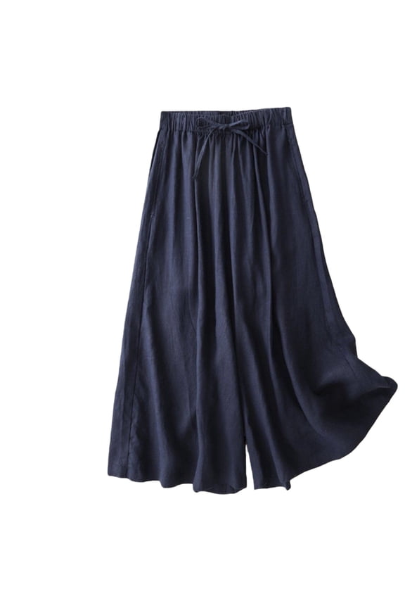 Women's Cotton Linen Culottes Pants Elastic Waist Wide Leg Palazzo Trousers Capri Pant Boho Casual Summer Harem Lounge Trouser Outfit, Navy
