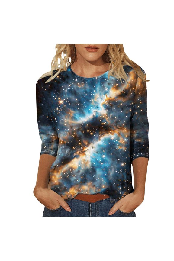 Women 's Crew Neck T-Shirt, Galaxy Solar System Planets Graphic Print 3/4 Sleeve Stretchy Shirt Casual Tops Space Theme Tee T Shirts for Women Long Sleeve Blouse, Blue