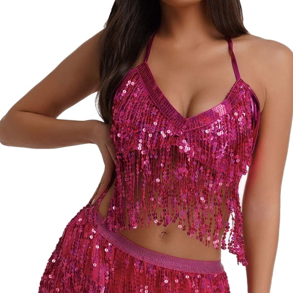 Soyumi Women's Crop top - Sparkly Sequin Sleeveless Tank top， Metallic Halter Deep V Neck Backless Shirt with Rhinestone， Lightweight Ruched Flowy Party Wear for Club Going, Hot Pink