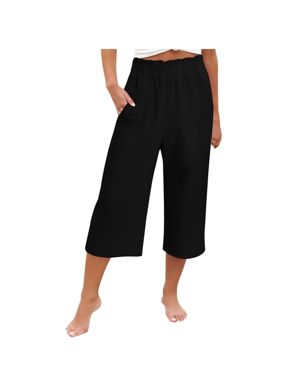 Women's Culottes Linen Cropped Wide Leg Pants Elastic Waist Casual Palazzo Trousers with Pockets, Black